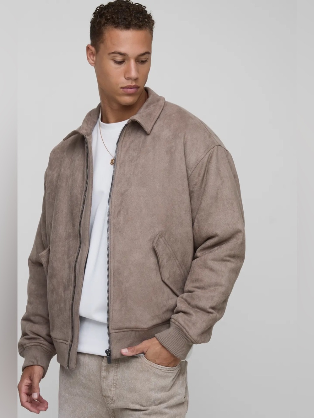 🤎boohooMAN Tall Faux Suede Boxy Oversized Harrington Jacket